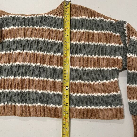 American Eagle Sweater Womens Medium Cropped Oversized Green/Tan/White Knit - Picture 7 of 11